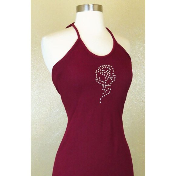 Vintage 70s Maroon Burgundy Red Rhinestone Rose Halter Prom Party Maxi Dress XXS - Picture 7 of 12